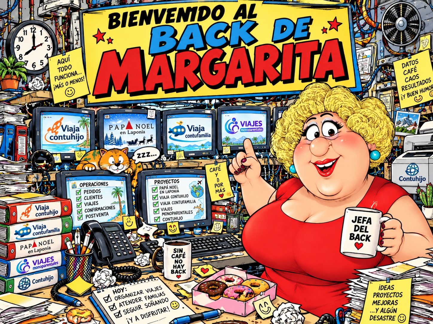 Margarita, jefa del back, en su mesa rodeada de las pantallas de todas las marcas de Contuhijo.